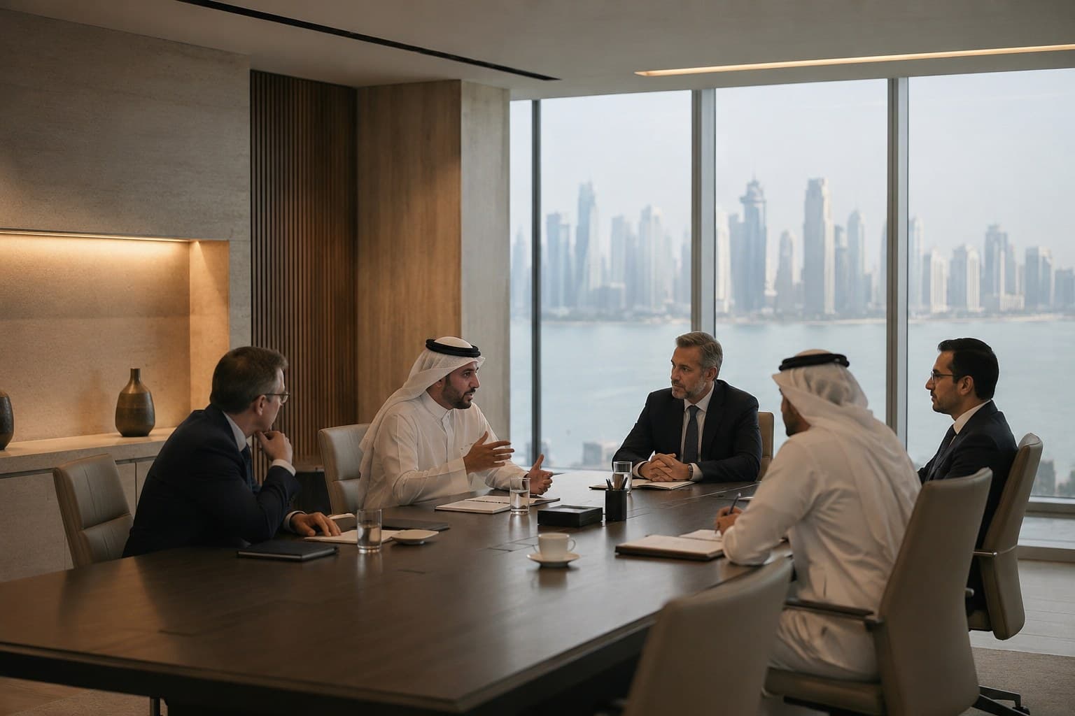 Executive discussion in an international corporate setting.