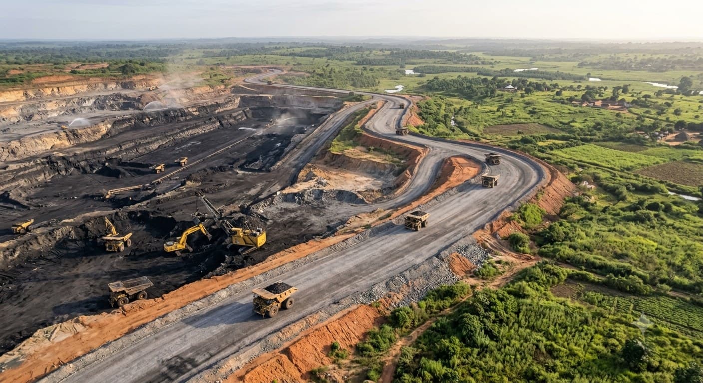 Aerial view of an open-pit mining operation with heavy haul trucks and bulk material handling.